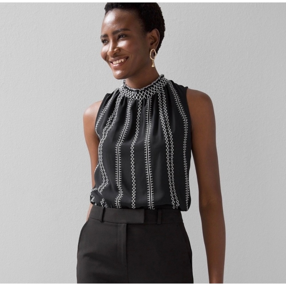 White House Black Market Black White Embroidered Smocked High Neck Shell‎ Top 8